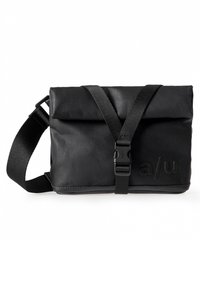 Black messenger bag made of smooth, durable material. Features a roll-top closure, adjustable webbing strap, and embossed branding on the front.