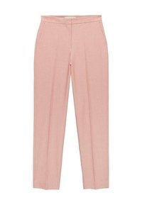 Skräddarsydda rosa byxor i lätt tyg, med framfåll, fickor på sidan och rak benstil. Slät textur.