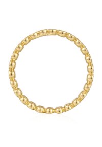 Zelta toņa apļveida aproce ar gludu, pērļu dizainu, kas ietver pārmaiņus apaļas un stūrveida formas. Atstarojoša, pulēta virsma.