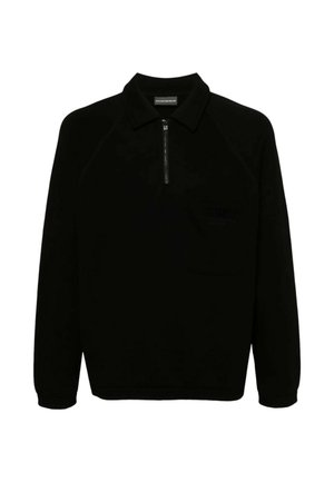 Maglione nero con zip a quarto, colletto, maniche raglan e tasca frontale. Realizzato in tessuto morbido, presenta un logo tonale.