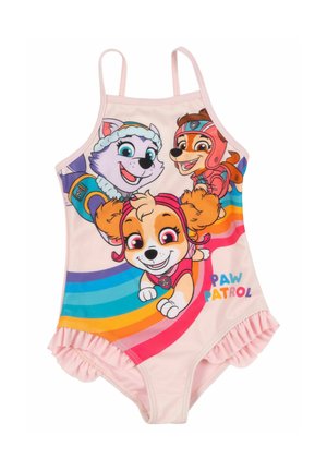 Costume da bagno rosa per ragazze con personaggi di Paw Patrol e strisce arcobaleno multicolori, con dettagli arricciati sulle aperture delle gambe.