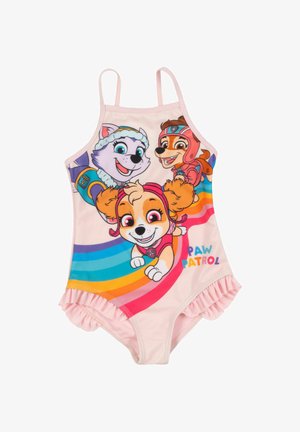 Costume da bagno rosa per ragazze con personaggi di Paw Patrol e strisce arcobaleno multicolori, con dettagli arricciati sulle aperture delle gambe.
