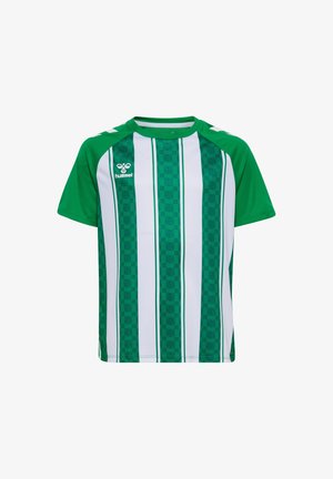 Sportshirt met korte mouwen, groene en witte verticale strepen, groene mouwen, ronde hals en een wit Hummel-logo op de linkerborst.