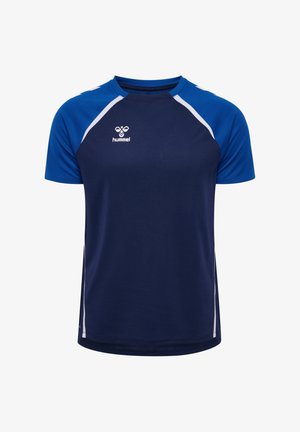 Kurzärmeliges Sportshirt in Marineblau mit königsblauen Schultern, weißen Seitenstreifen und weißem Hummel-Logo auf der Brust.