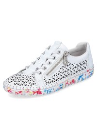 White perforated leather sneaker with a decorative side zipper and a multicolored speckled outsole, featuring a round toe and lace-up design.