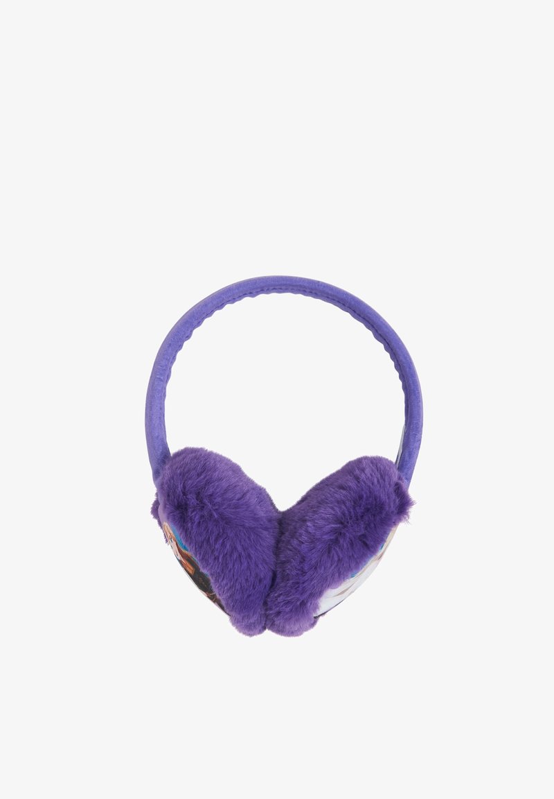 Muffole in pelliccia sintetica viola con una texture morbida, caratterizzate da un design arrotondato e una fascia flessibile. Elementi decorativi visibili sui lati.
