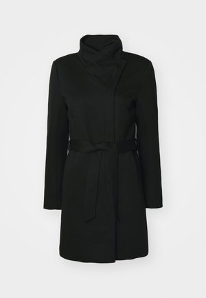 Black coat made of wool blend, featuring a folded collar, long sleeves, and a belted waist. Smooth texture with minimal detailing.