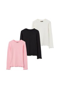 Drie shirts met lange mouwen in roze, zwart en wit. Voorzien van een geribbelde textuur met een gerimpelde zoom en manchetten. Rond halsontwerp.