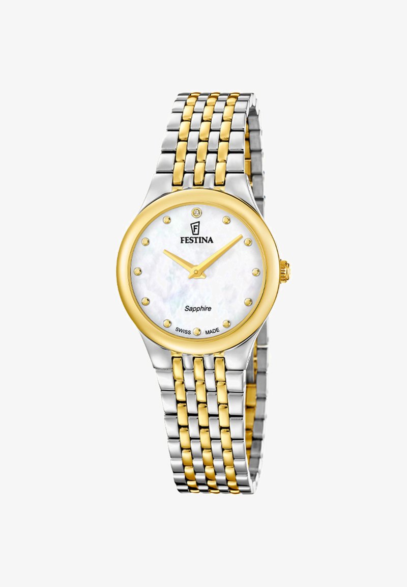 Montre-bracelet Festina avec bracelet en métal doré et argenté, cadran en nacre blanche, index dorés et lunette dorée.