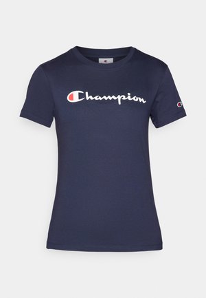 Navy blue cotton t-shirt with short sleeves, featuring a white "Champion" logo. Regular fit with a crew neck and soft texture.