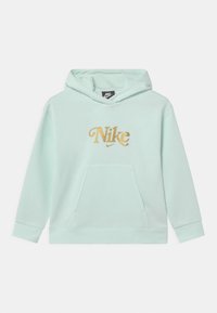 Mintgrön hoodie av bomull, med en framficka, en huva med snörning och en guld broderad Nike-logotyp på bröstet.