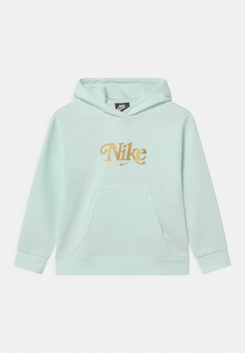 Mintgrön hoodie av bomull, med en framficka, en huva med snörning och en guld broderad Nike-logotyp på bröstet.