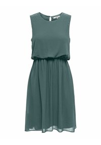 Robe sans manches en teal avec une taille froncée, présentant des accents cloutés sur les épaules et un détail en trou de serrure dans le dos. Tissu doux et fluide.