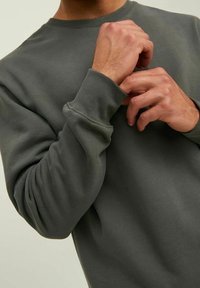 Sudadera de algodón gris oscuro con cuello redondo, mangas largas y puños acanalados. El tejido parece suave con una textura lisa.
