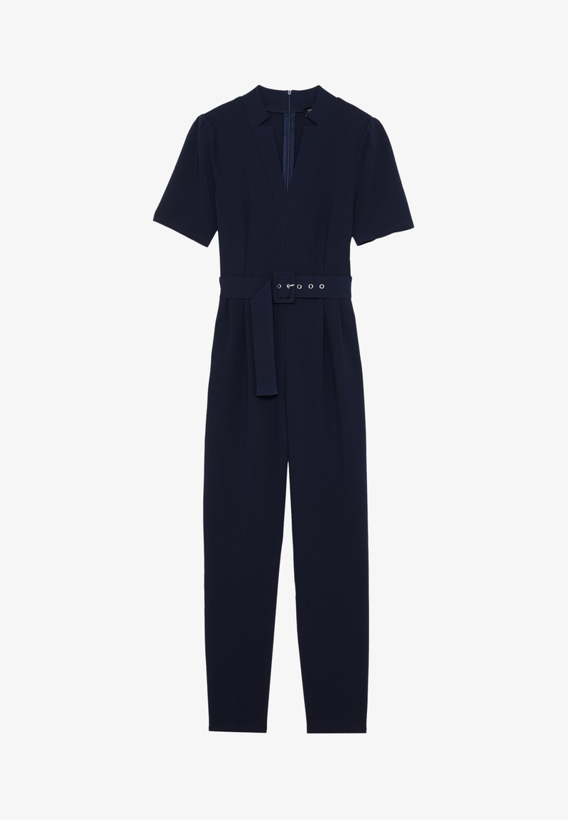 Jūras spēku kombinezons ar īsām piedurknēm, V-veida kakla izgriezumu, saskaņotu jostu viduklī un smalkiem krokām priekšpusē. Gluda auduma tekstūra.