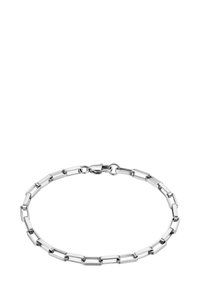 Pulsera de cadena metálica plateada con eslabones rectangulares, que presenta un cierre seguro y un acabado suave y pulido. Diseño simple y moderno.