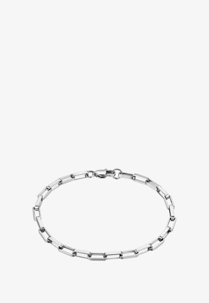 Pulsera de cadena metálica plateada con eslabones rectangulares, que presenta un cierre seguro y un acabado suave y pulido. Diseño simple y moderno.