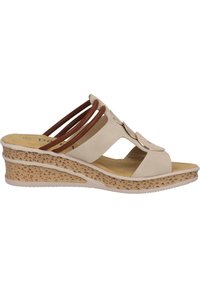 Infradito beige con zeppa e fasce in pelle marrone, arricchite da dettagli decorativi. Suola testurizzata e soletta imbottita per il comfort. Design aperto sulla punta.