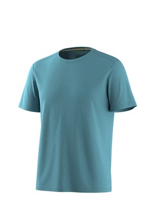 Maglietta turchese a maniche corte con scollo rotondo e una sottile texture melange, mostrata su sfondo bianco.