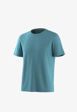 Türkisfarbenes T-Shirt mit kurzen Ärmeln und Rundhalsausschnitt, mit dezentem Melange-Effekt, vor weißem Hintergrund dargestellt.