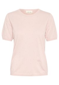 Jasnoróżowy, dzianinowy top z krótkim rękawem z teksturowanymi akcentami w formie pomponów, okrągłym dekoltem i luźnym krojem. Miękki materiał i prosty design.