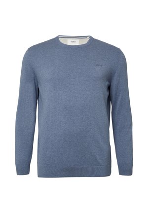 Blaues Strickpullover, runder Halsausschnitt, lange Ärmel, gerippte Bündchen und Saum, leichtes Material, kleines Logo auf der Brust, lässiges Design.