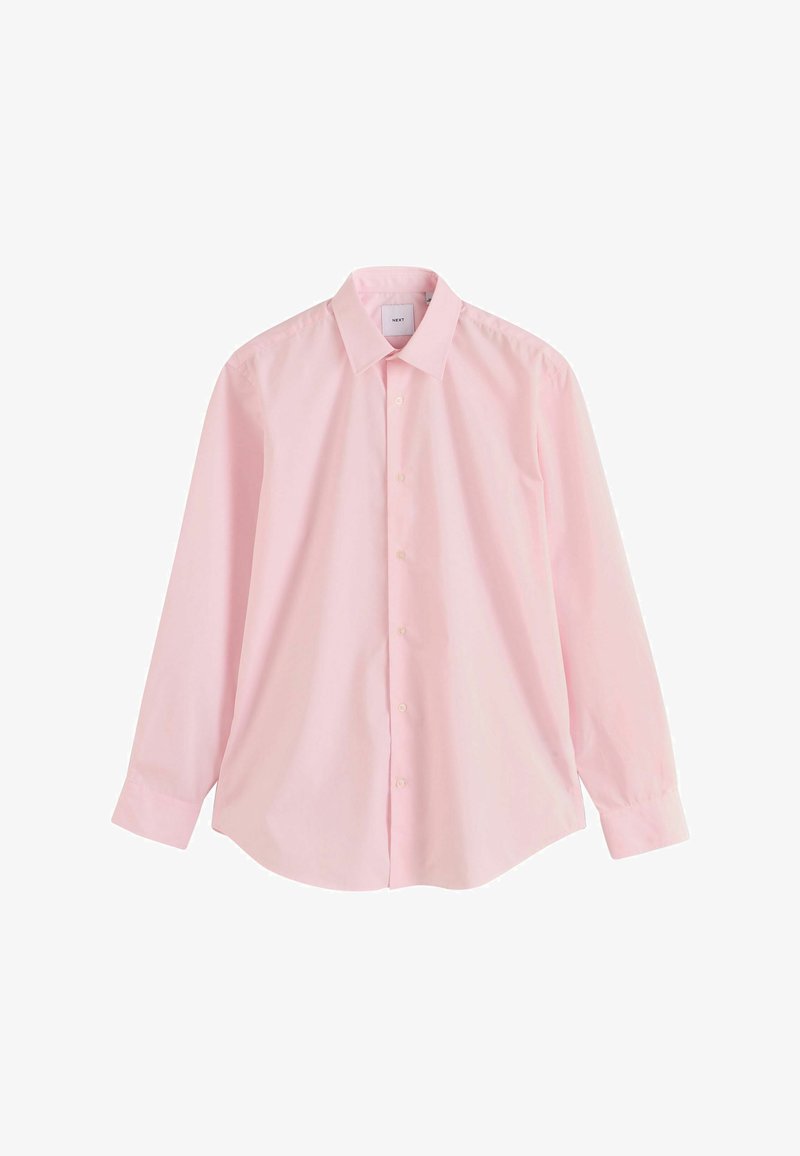 Hele roosa pika varrukaga nööbitav särk, millel on terava kraega ja nööpidega mansetid, eksponeeritud lamedalt valgel taustal.