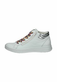 Sneakers alte bianche in pelle con lacci multicolore e un accento argentato sul tallone. Presentano una cerniera laterale per un facile accesso.