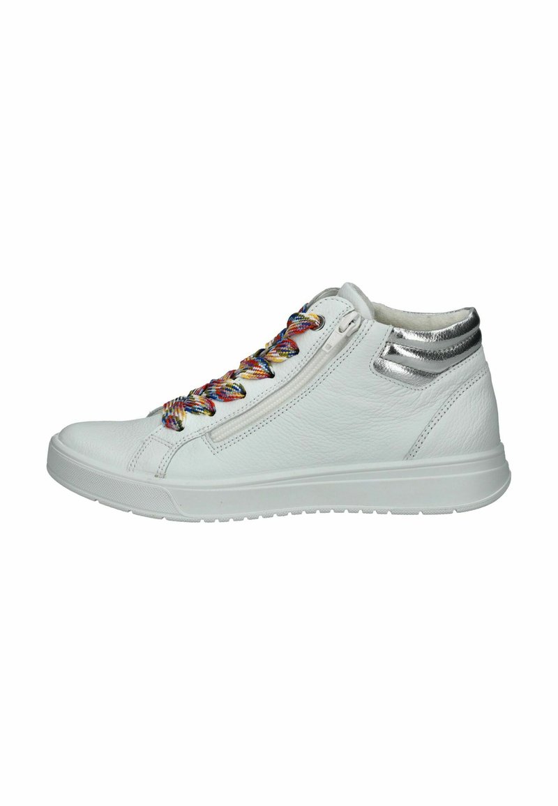 Sneakers alte bianche in pelle con lacci multicolore e un accento argentato sul tallone. Presentano una cerniera laterale per un facile accesso.