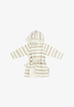 Blød badekåbe til baby med hætte med beige og hvide vandrette striber, lange ærmer og et bindebælte i taljen på en hvid baggrund.
