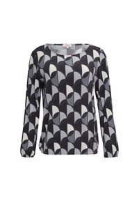 Haut à manches longues avec un motif géométrique en noir, gris et crème. Fabriqué en tissu lisse avec un col arrondi et des manches froncées.