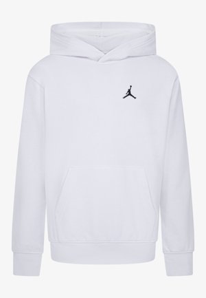 Hvid hættetrøje med lange ærmer, front kangurulomme og lille sort Jumpman-logo på øverste venstre bryst.