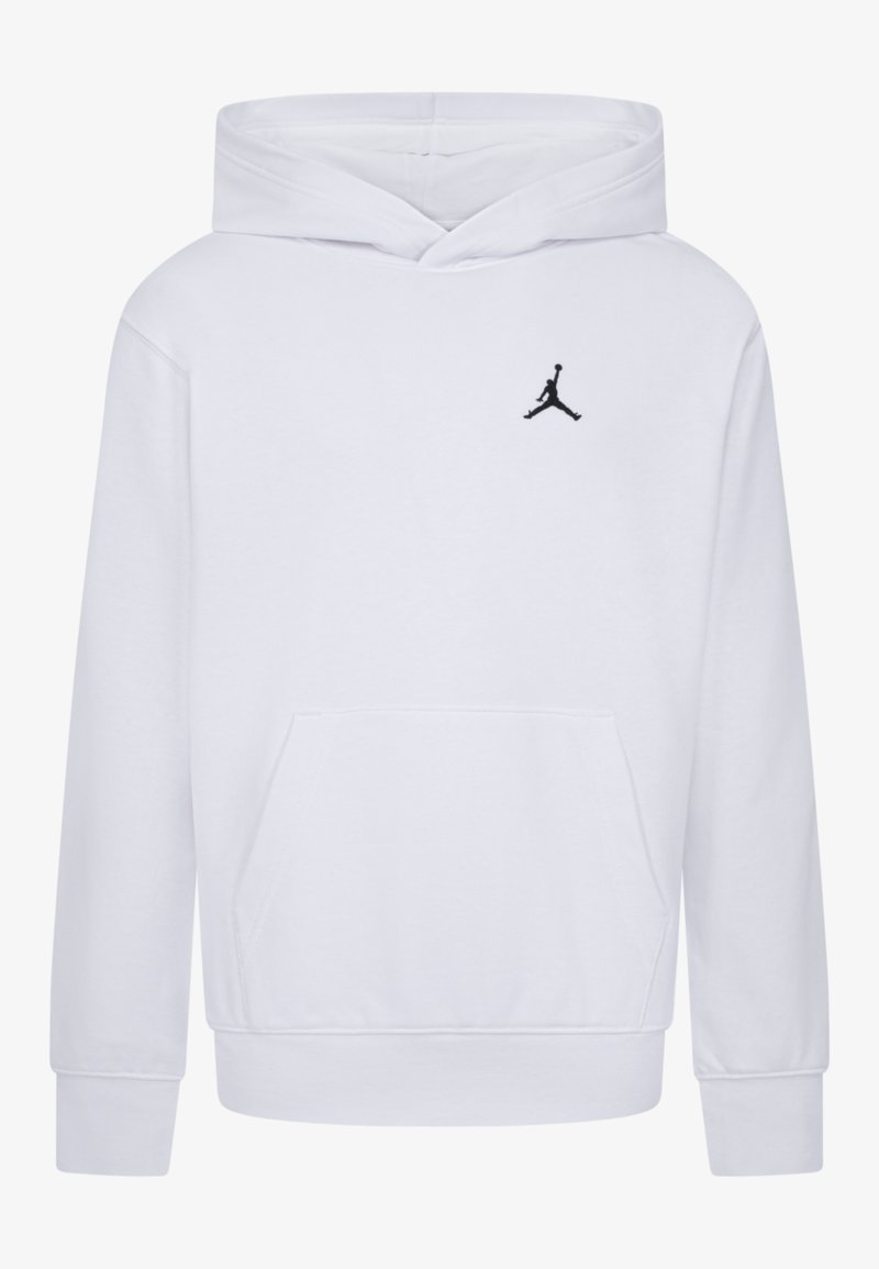 Sweat à capuche blanc à manches longues avec poche kangourou sur le devant et petit logo Jumpman noir sur le haut gauche de la poitrine.