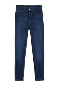 Jean en denim bleu foncé avec une coupe droite, cinq poches, accents en matériel cuivré et fermeture éclair. Texture lisse avec un minimum de décoloration.