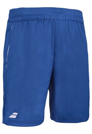 Blå atletikshorts med elastisk talje og lille hvidt logo nær nederste venstre kant.