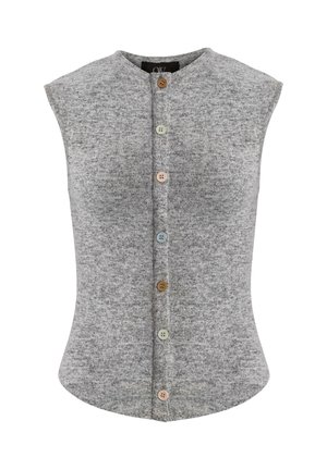 Top gris sin mangas de material suave con escote redondo y una tapeta de botones en la parte delantera con botones multicolores.