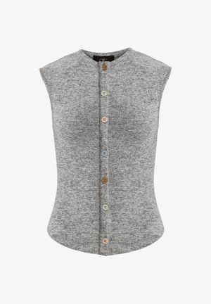 Grå ærmeløs top i blødt materiale med rund halsudskæring og en forreste knaplukning med flerfarvede knapper.