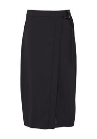 Zwarte kokerrok met een gladde textuur, voorzien van een zijsluiting en een split voor gemakkelijke beweging. Gemaakt van duurzame stof.