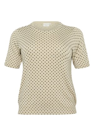 Beige T-Shirt mit kurzen Ärmeln und schwarzen Punkten. Rundhalsausschnitt und weicher, strukturierter Stoff, ideal für legere Anlässe.