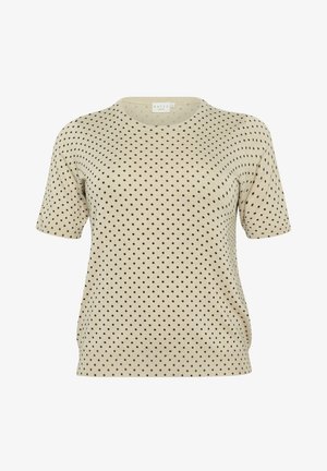 Beige T-shirt met korte mouwen en zwarte stippen. Ronde hals en zachte, gestructureerde stof geschikt voor casual gebruik.