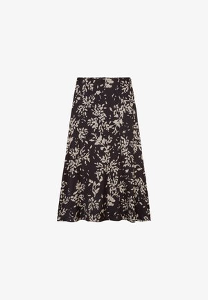 Juodos spalvos smarkiai išplėsta midi sijonas su grietinėlės spalvos gėlių raštu, pasižymintis lygiu paviršiumi ir juosmeniu, užtikrinančiu patogumą.