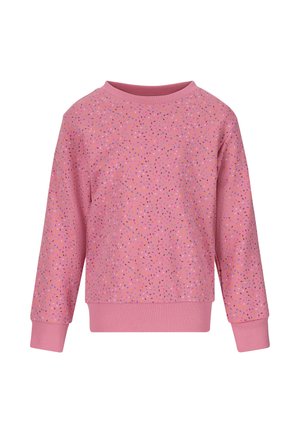 Sweat-shirt rose à manches longues avec poignets et ourlet côtelés, présentant un motif éparpillé multicolore ressemblant à des confettis.