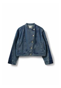 Giubbotto di jeans, blu scuro, stile cropped, scollo rotondo, tre bottoni frontali, due tasche laterali, cuciture in evidenza, leggermente sbiadito.