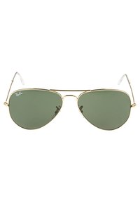 Aviator sunglasses with green lenses, gold metal frame, and clear plastic temple tips. Features a double bridge design.