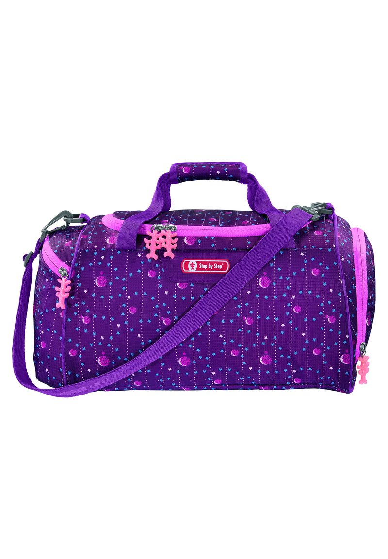 Purple duffel bag with pink accents, star and planet pattern, two handles, adjustable shoulder strap, and two zippered compartments.