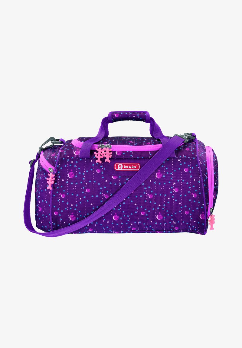 Purple duffel bag with pink accents, star and planet pattern, two handles, adjustable shoulder strap, and two zippered compartments.