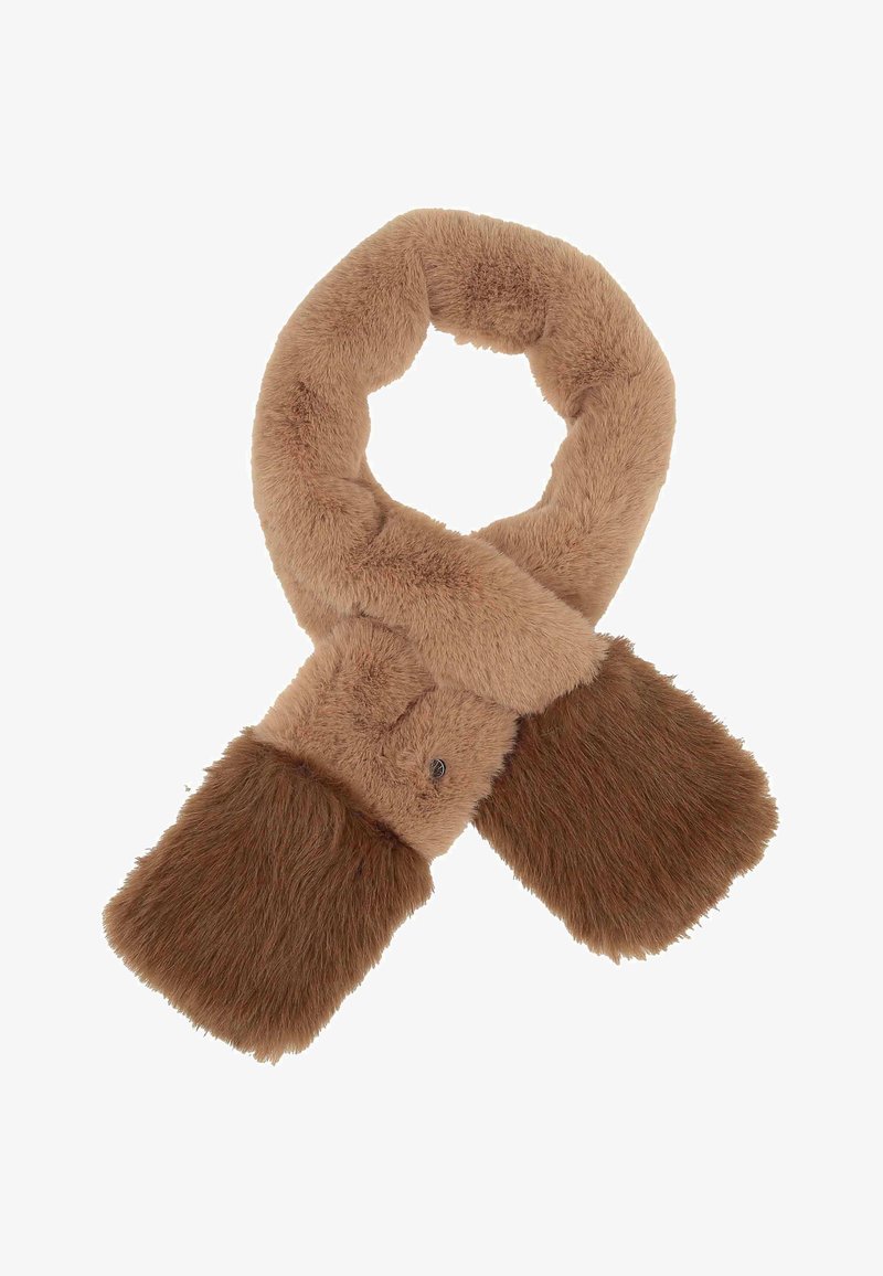 Sciarpa in finto pelo marrone con design ad anello, caratterizzata da una punta pelosa marrone scuro su ciascuna estremità e un dettaglio di chiusura a bottone.