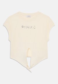 Cream-colored cropped t-shirt in soft fabric with a knotted front detail. Features silver "PINKO" lettering and short sleeves.
