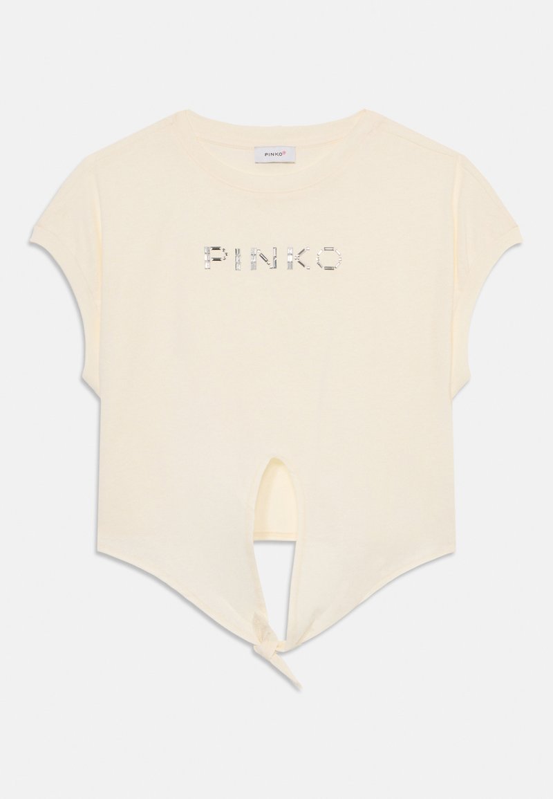 Cream-colored cropped t-shirt in soft fabric with a knotted front detail. Features silver "PINKO" lettering and short sleeves.