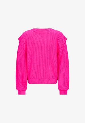 Jasnoróżowy, wydziergany sweter o prążkowanej teksturze, z szerokimi rękawami i skróconym dołem. Posiada okrągły dekolt i intensywny kolor.